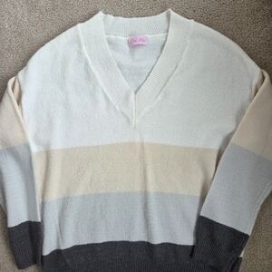 Pink Lily Neutral Striped V-Neck Sweater
